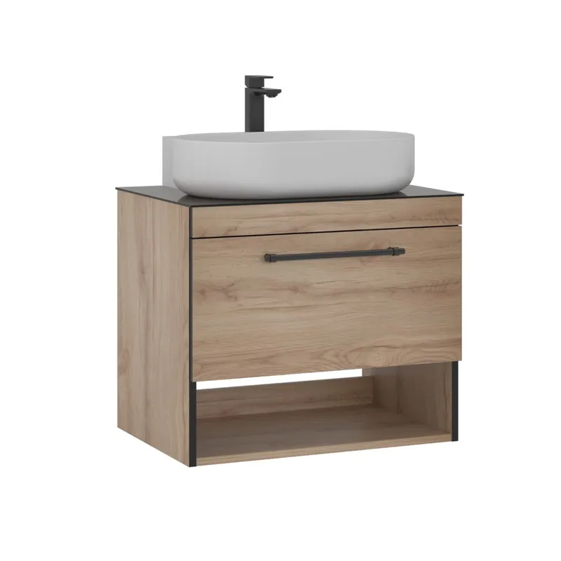 Conjunto de MuebleKNIDOS de Baño de 1 Cajon con Lavabo y Espejo con aplique de luz de 90 cm Roble