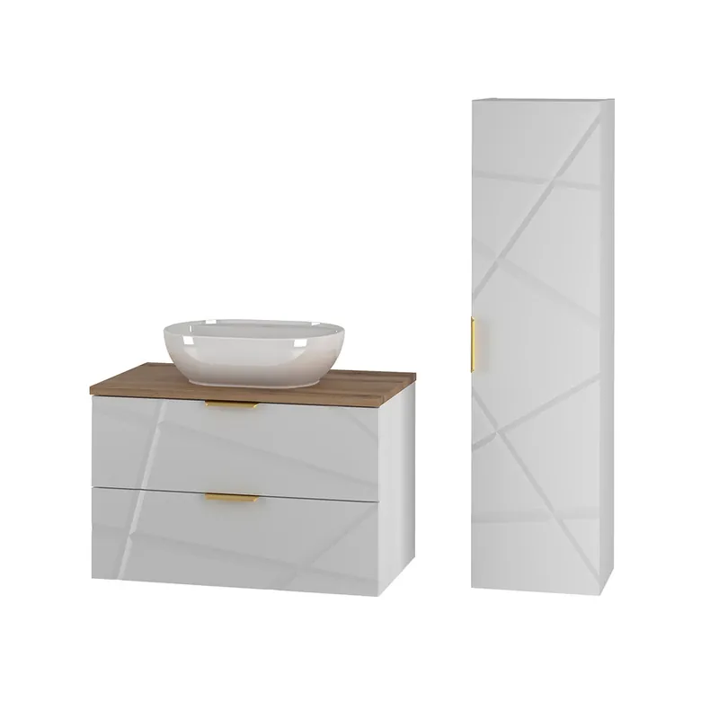 Conjunto de mueble lavabo individual 80cm y columna Aurora Blanco y Madera - Baño