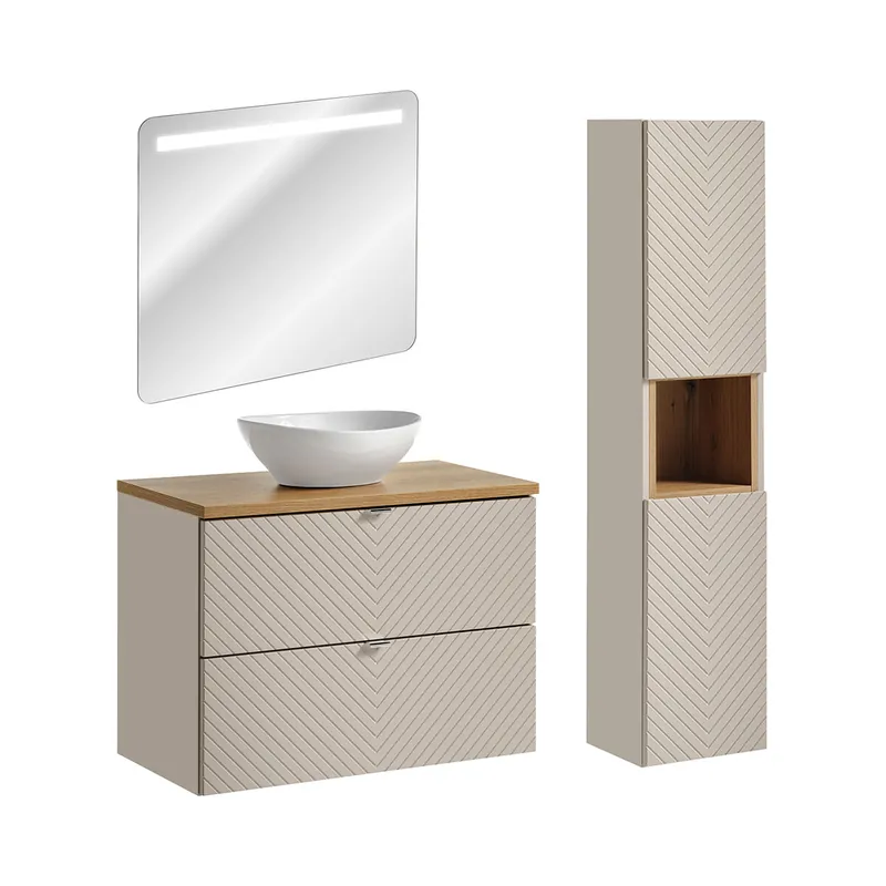 Conjunto de muebles con lavabo individual 80cm espejo LED y columna Manoa Cachemira y Madera - Baño