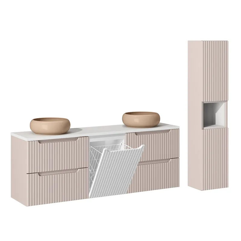 Conjunto de muebles con doble lavabo 160cm cesto y columna Riva Blanco y Madera - Baño