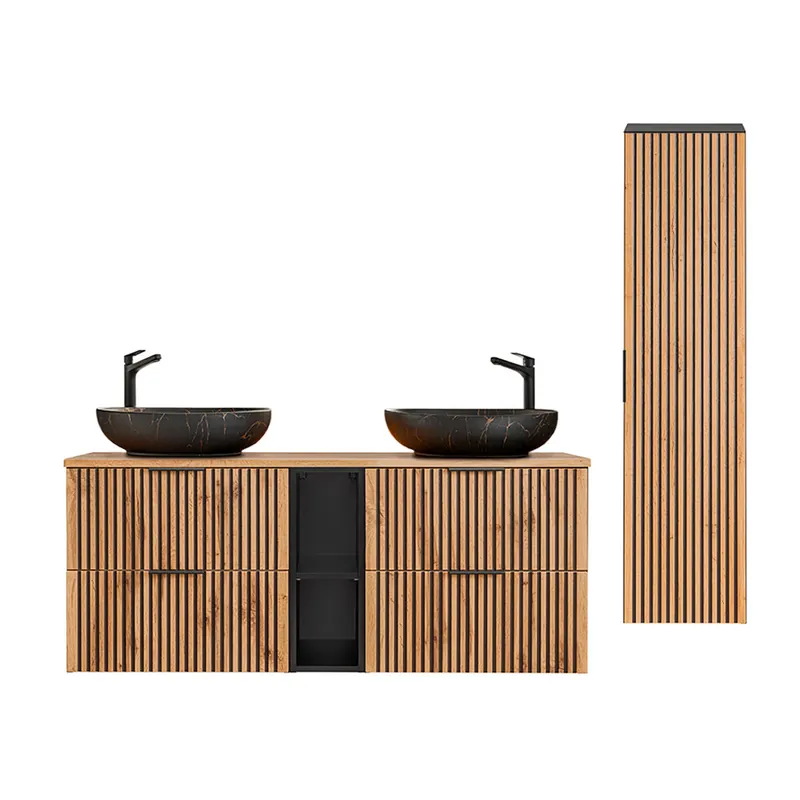 Conjunto de muebles con doble lavabo 140cm 2 compartimientos y columna Gaia Madera y Negro - Lavabo Negro