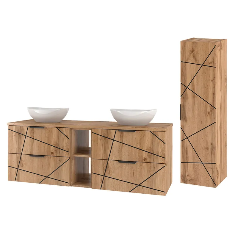 Conjunto de muebles con doble lavabo 140cm 2 compartimientos y columna Teren Madera - Baño