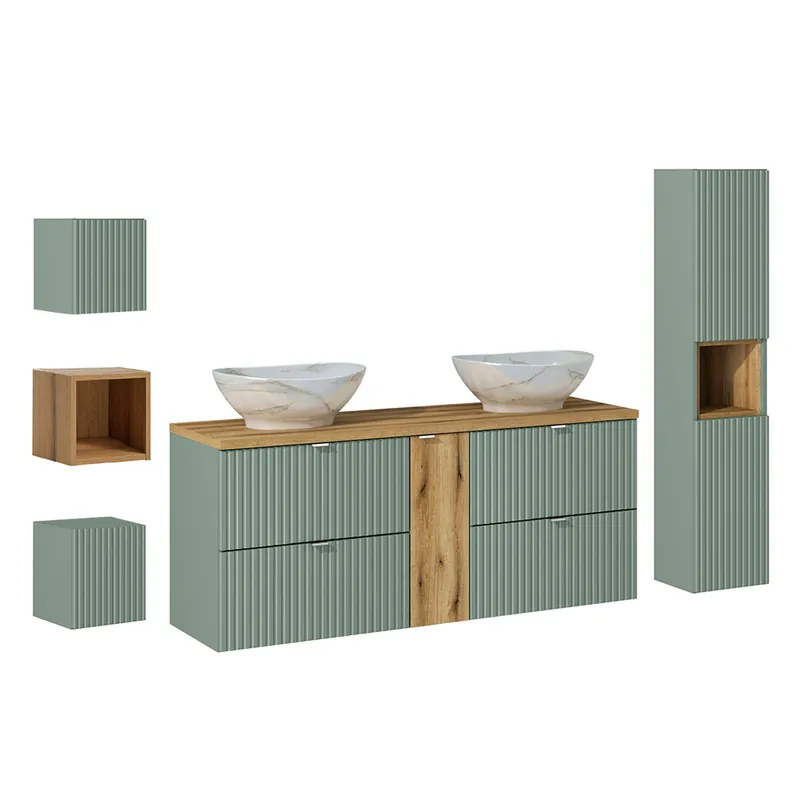 Conjunto de muebles con doble lavabo 140cm 4 cajones columna y 3 armarios de pared Jade Verde y Madera - Baño