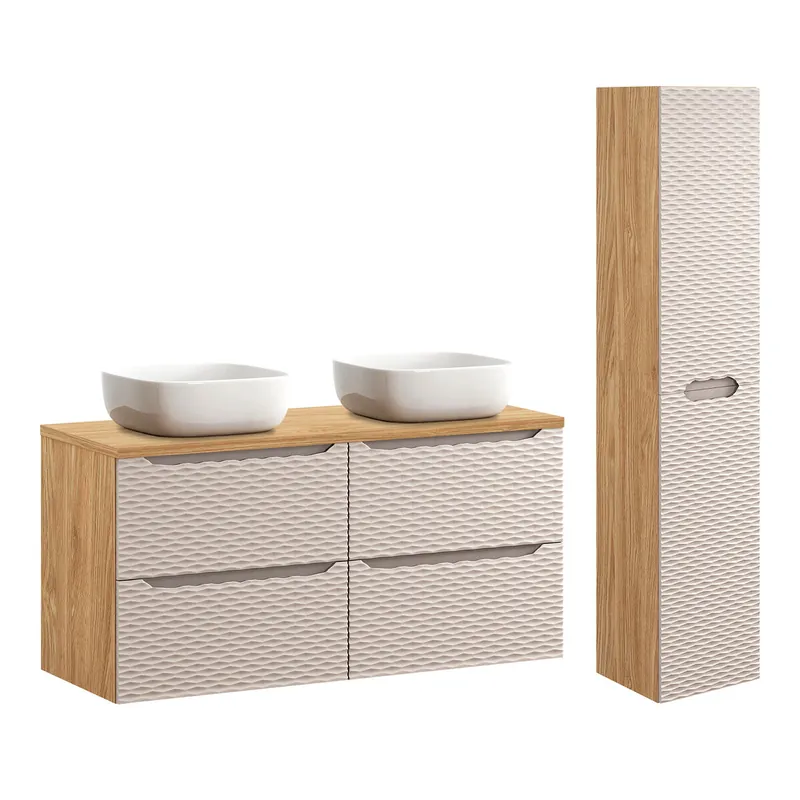 Conjunto de muebles con doble lavabo 120cm 4 cajones y columna Elora Negro y madera - Baño