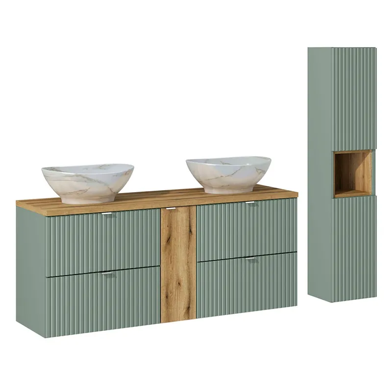 Conjunto de muebles con doble lavabo 140 cm 4 cajones y columna Jade Verde y Madera - Baño
