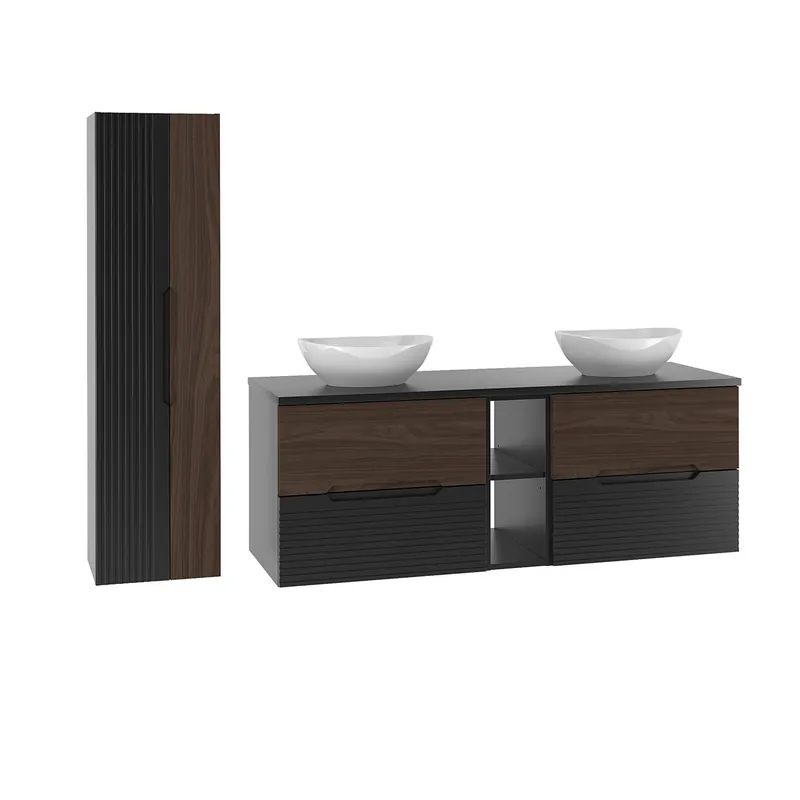 Conjunto de muebles con doble lavabo 140cm compartimiento y columna Sylla Negro y madera - Baño