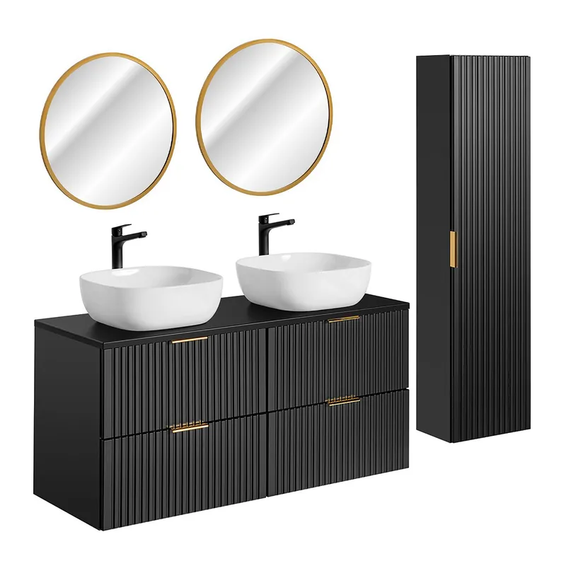 Conjunto de muebles con doble lavabo 120cm espejos LED y columna Adriel Negro - Baño