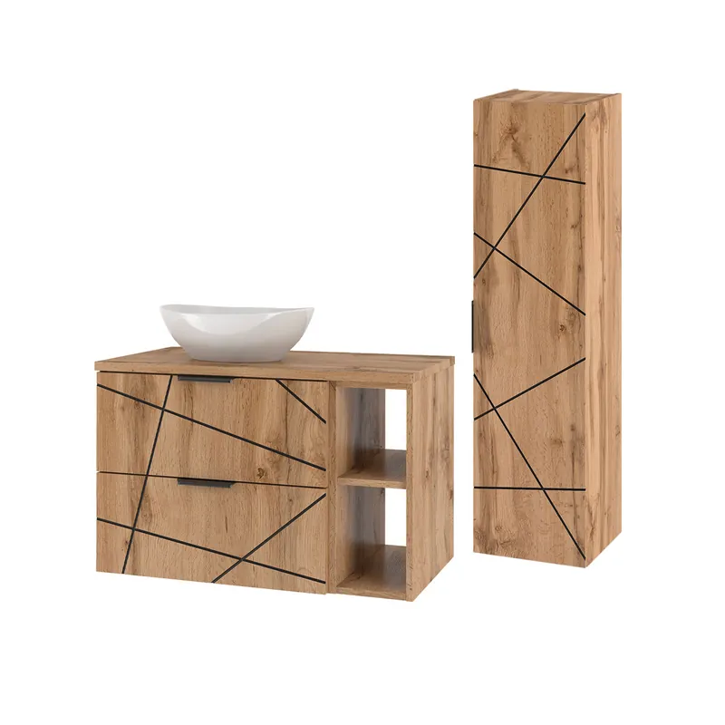 Conjunto de muebles con lavabo individual 80cm 2 compartimientos y columna Teren Madera - Baño