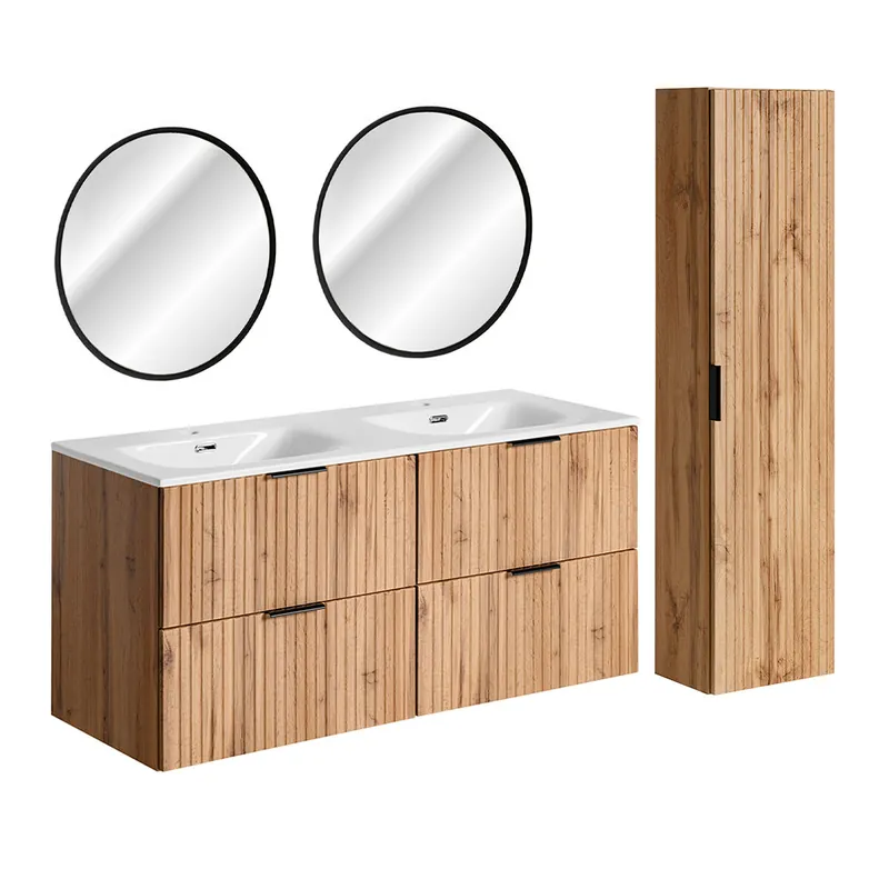 Conjunto de muebles con lavabo doble encastrado 120cm espejos LED y columna Adriel Negro - Baño
