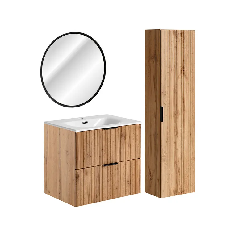 Conjunto de muebles con lavabo individual encastrado 60cm espejo LED y columna Adriel Madera - Baño