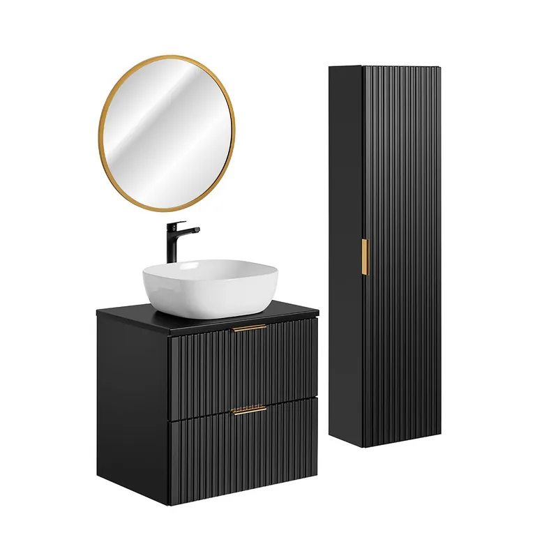Conjunto de muebles con lavabo individual 60cm espejo LED y columna Adriel Negro - Baño