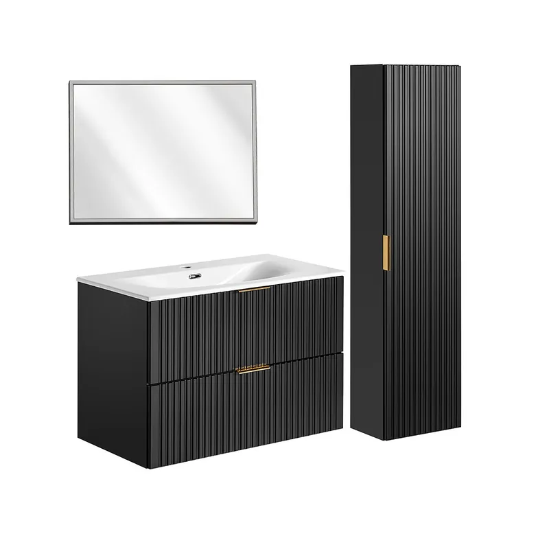 Conjunto de muebles con lavabo individual encastrado 80cm espejo LED y columna Adriel Negro - Baño