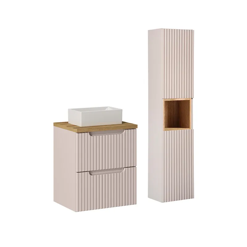 Conjunto de muebles con lavabo individual 50cm 2 cajones y columna Riva Cachemira y Madera - Baño