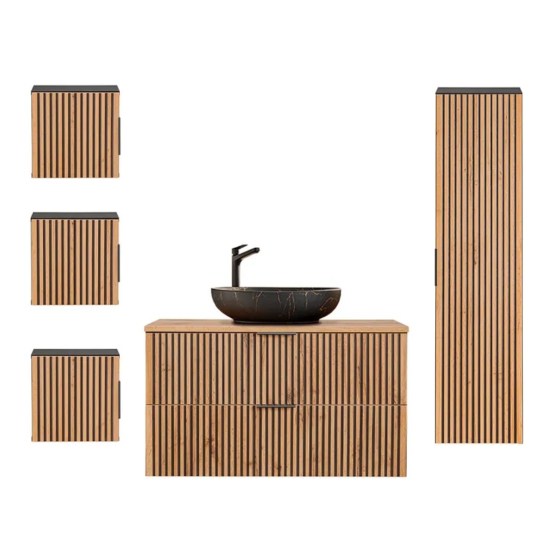 Conjunto de muebles con lavabo individual 100 cm columna y 3 armarios de pared Gaia Madera y Negro - Lavabo Negro