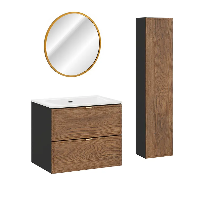Conjunto de muebles con lavabo individual encastrado 60cm columna y espejo Elena Madera y negro - Baño