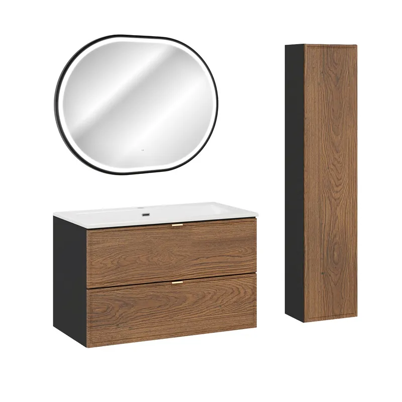 Conjunto de muebles con lavabo individual encastrado 80cm columna y espejo Elena Madera y negro - Baño
