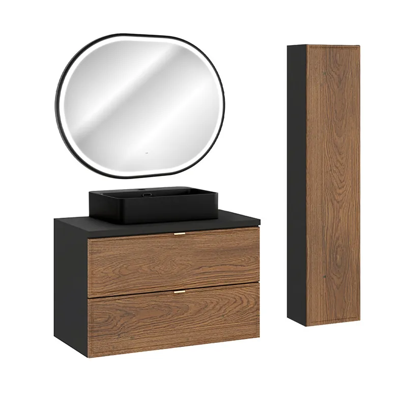 Conjunto de muebles con lavabo individual 80cm columna y espejo Elena Madera y negro - Baño