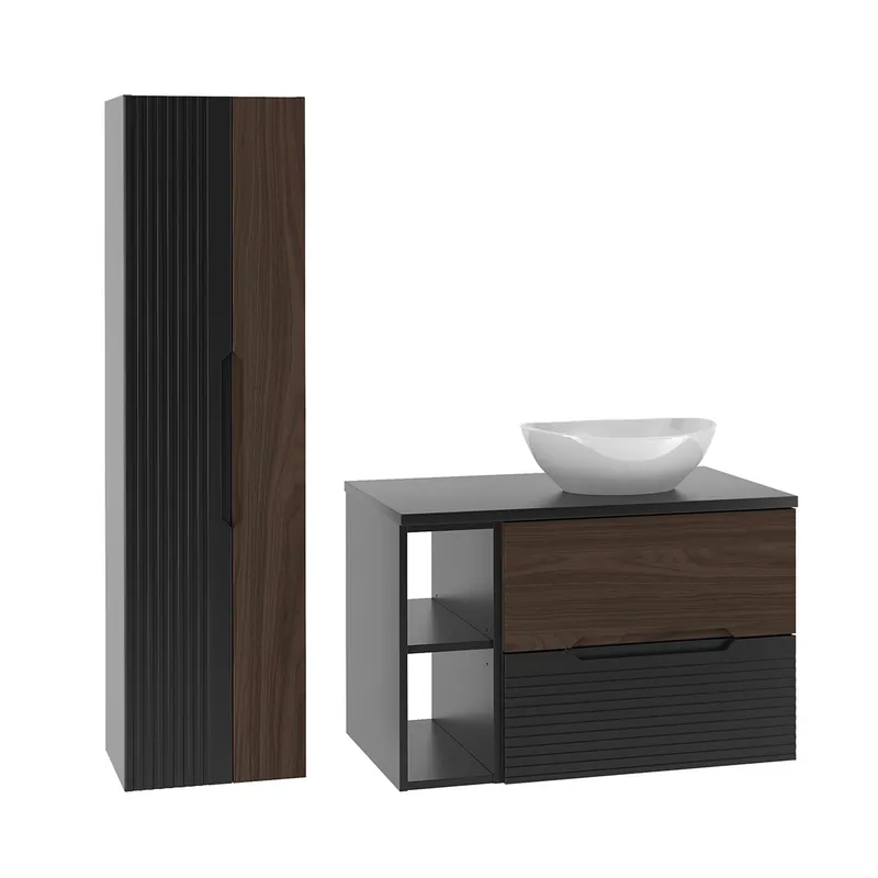 Conjunto de muebles con lavabo individual 80cm compartimiento y columna Sylla Negro y madera - Baño