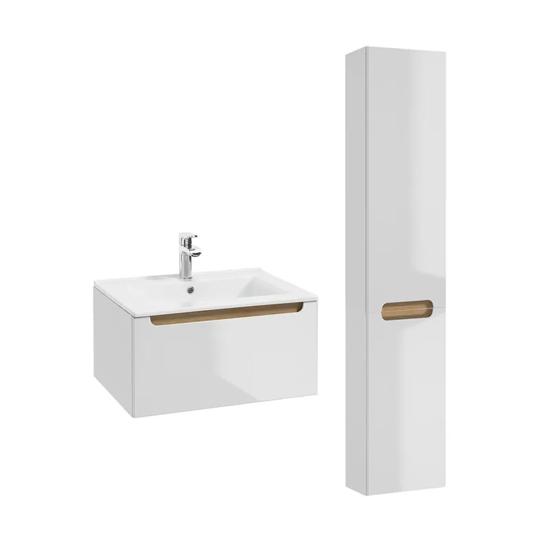 Conjunto de muebles con lavabo individual encastrado 60cm 1 cajón y columna Livia Blanco y Madera - Baño