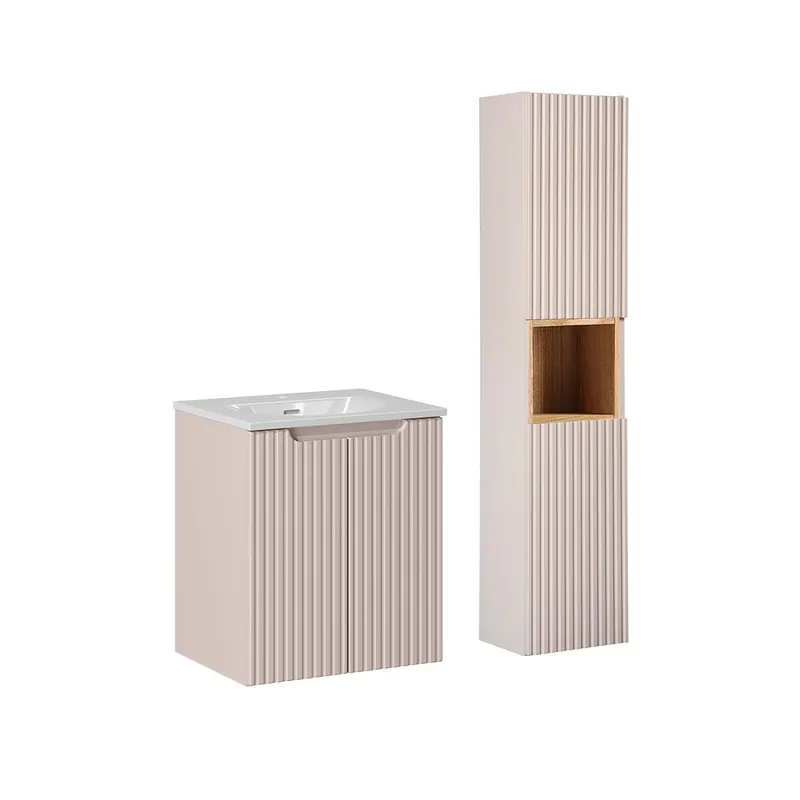 Conjunto de muebles con lavabo individual encastrado 50cm 2 puertas y columna Riva Cachemira y Madera - Baño