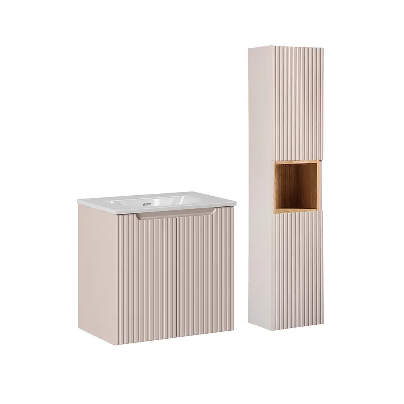 Conjunto de muebles con lavabo individual encastrado 60cm 2 puertas y columna Riva Blanco y Madera - Baño