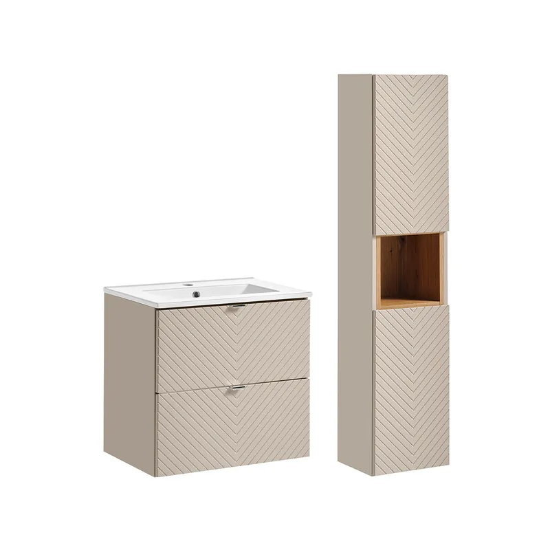 Conjunto de muebles con lavabo individual encastrado 60cm y columna Manoa Cachemira y madera - Baño