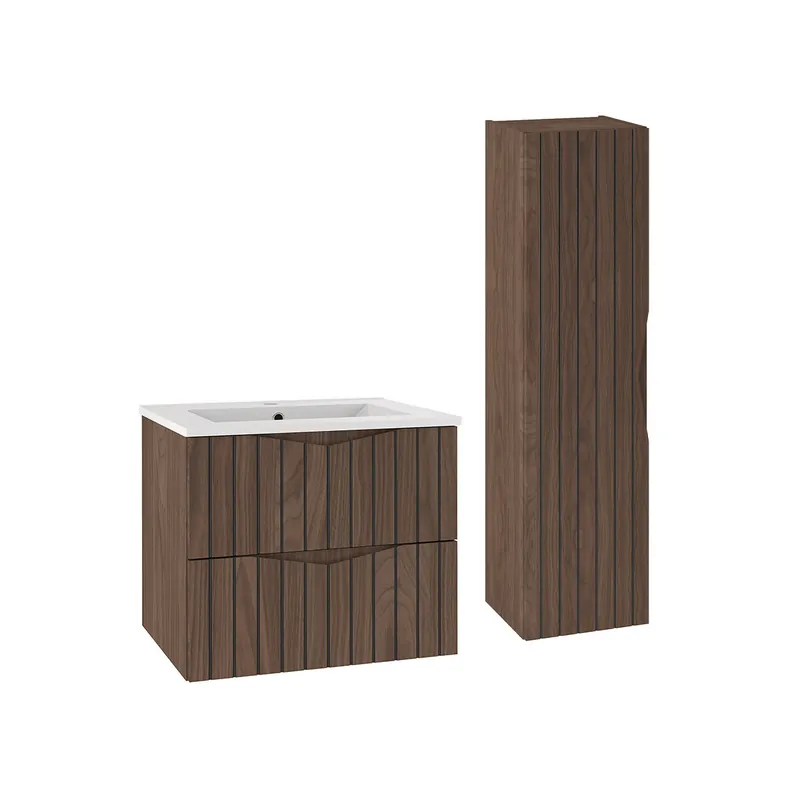 Conjunto de muebles con lavabo individual encastrado 60cm y columna Siena madera y negro - Baño