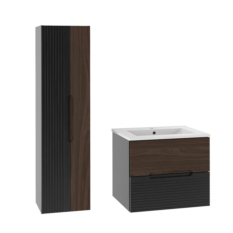 Conjunto de muebles con lavabo individual encastrado 60cm y columna Sylla Negro y madera - Baño