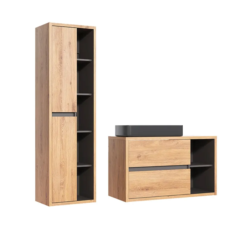 Conjunto de muebles con lavabo individual 100cm y columna Rigel madera y antracita - Baño