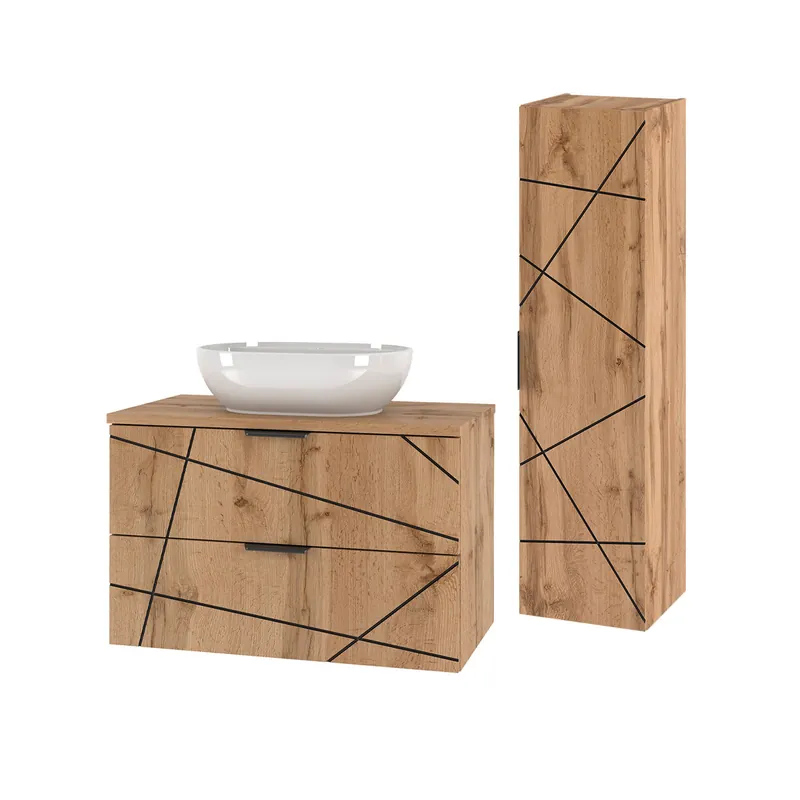 Conjunto de muebles con lavabo individual 80cm y columna Teren Madera - Baño
