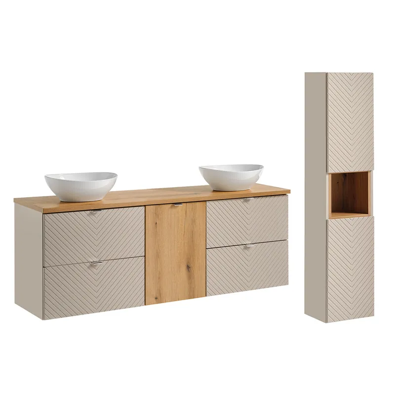 Conjunto de muebles doble lavabo 160cm con cesto de ropa y columna Manoa Cachemira y madera - Baño