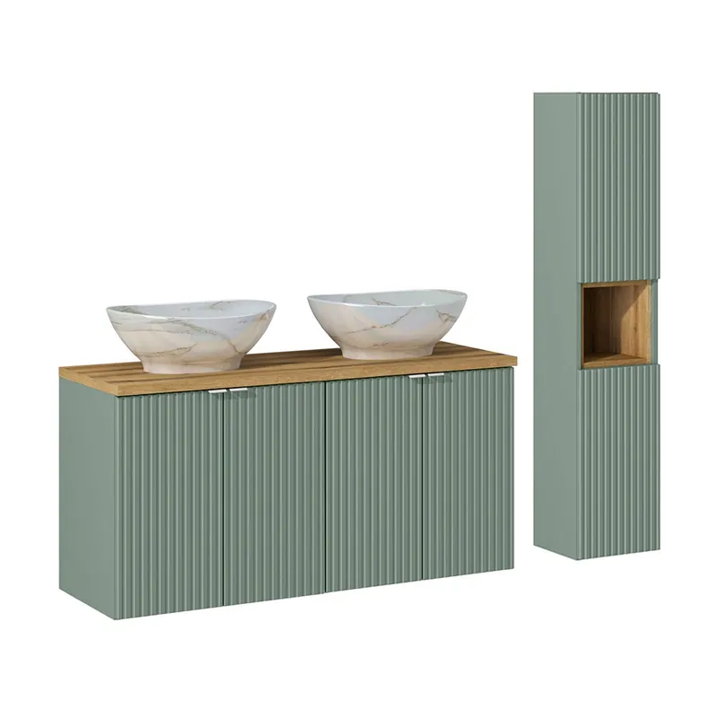 Conjunto de muebles doble lavabo 120cm 4 puertas y columna Jade Verde y Madera - Baño
