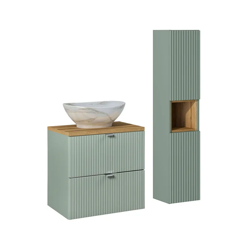 Conjunto de muebles lavabo individual 60cm 2 cajones y columna Jade Verde y Madera - Baño