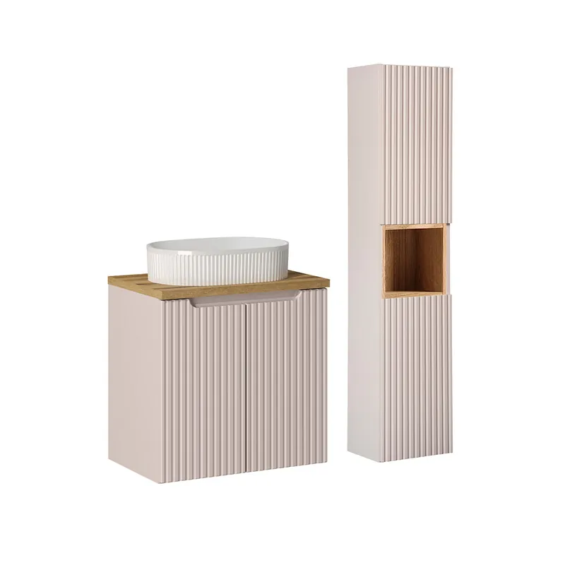 Conjunto de muebles lavabo individual 60cm 2 puertas y columna Riva Cachemira y Madera - Baño
