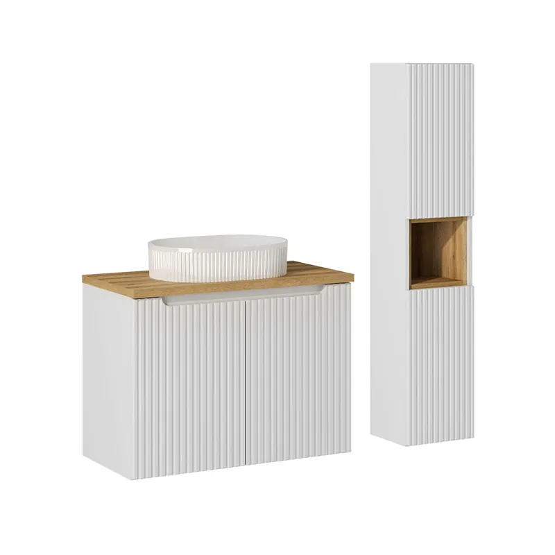 Conjunto de muebles con lavabo individual 80cm 2 puertas y columna Riva Cachemira y Madera - Baño