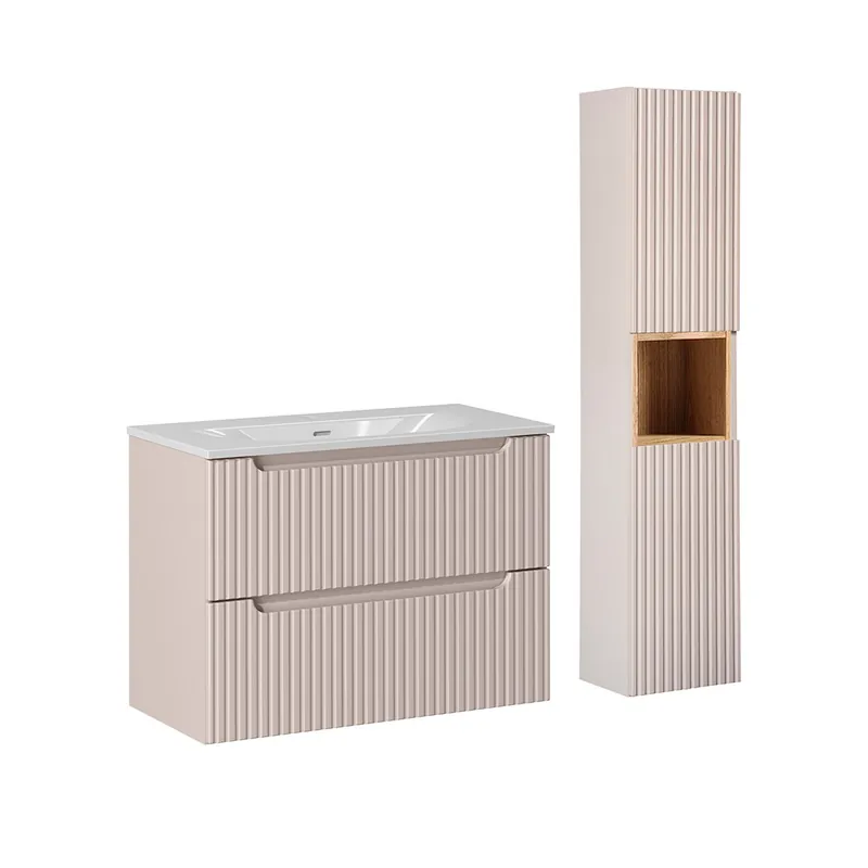Conjunto de muebles con lavabo individual encastrado 80cm 2 cajones y columna Riva Cachemira y Madera - Baño