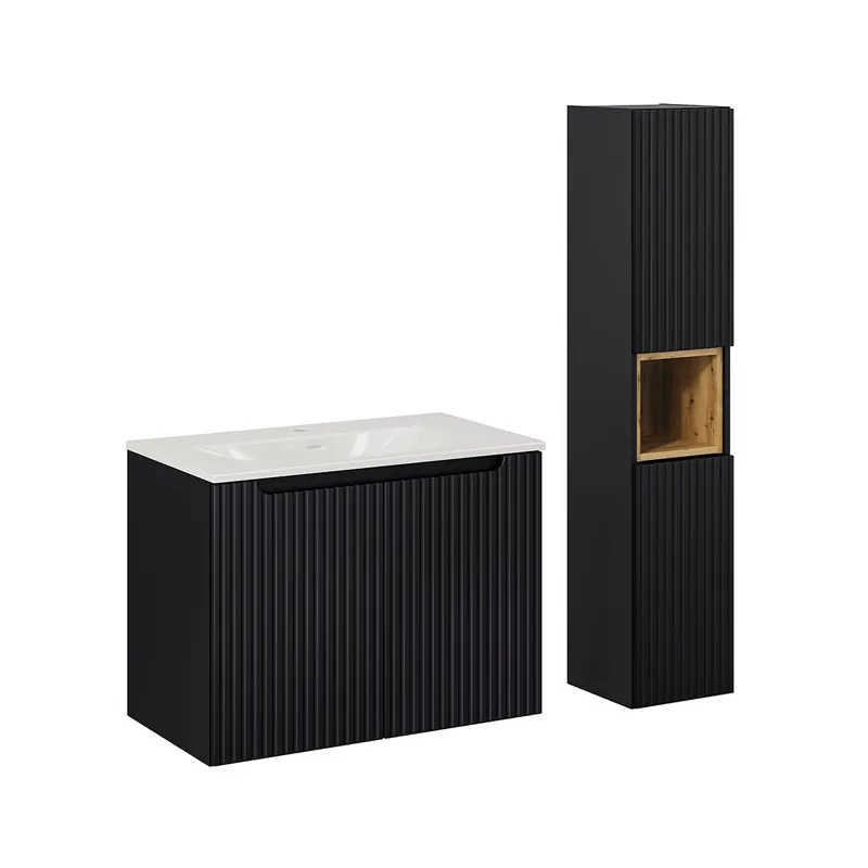 Conjunto de muebles con lavabo individual encastrado 80cm 2 puertas y columna Riva Cachemira y Madera - Baño