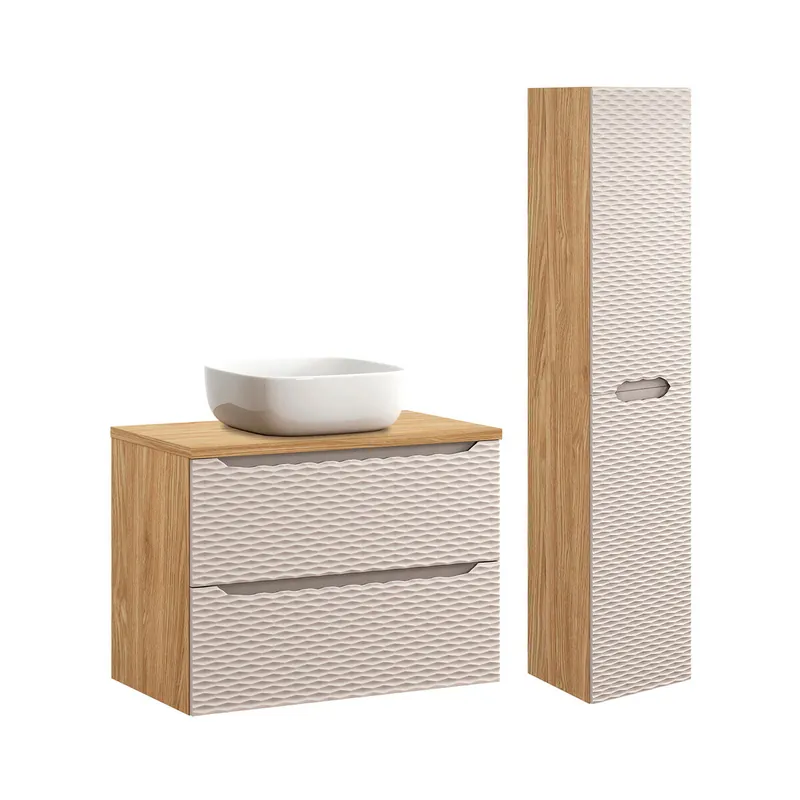 Conjunto de muebles con lavabo individual 80cm y columna Elora Negro y madera - Baño