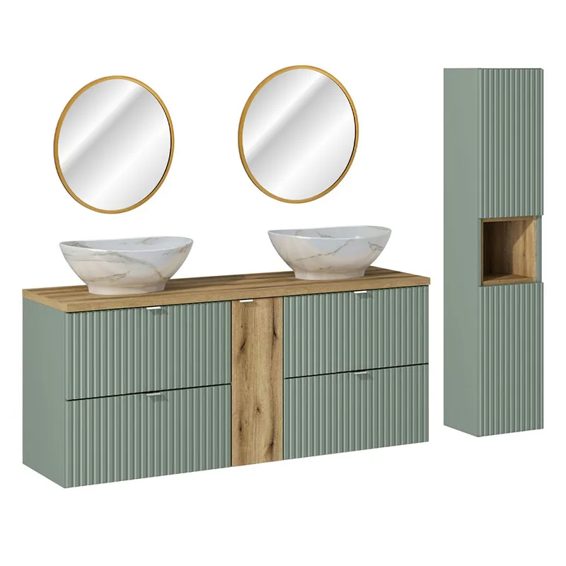 Conjunto de muebles con lavabo doble 140cm 4 cajones espejos LED y columna Jade Verde y Madera - Baño