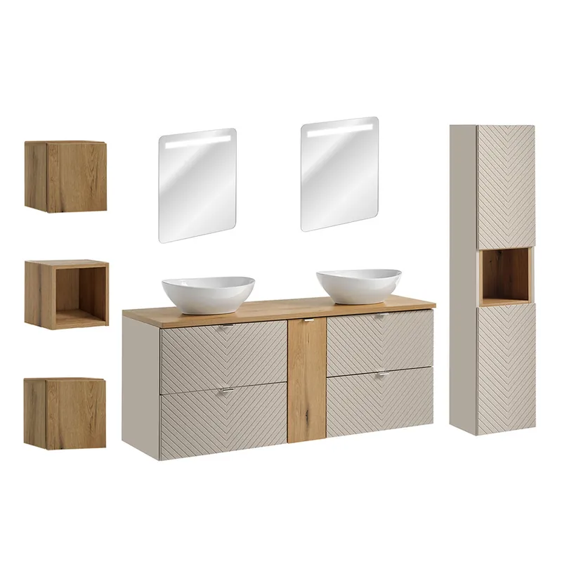 Conjunto de muebles con doble lavabo 140cm espejos LED columna y 3 armarios de pared Manoa Cachemira y madera - Baño