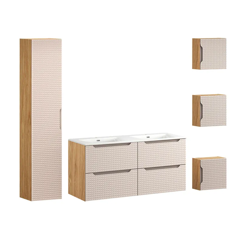 Conjunto de muebles con doble lavabo encastrado 120cm columna y 3 armarios de pared Mallory Beige y madera - Baño
