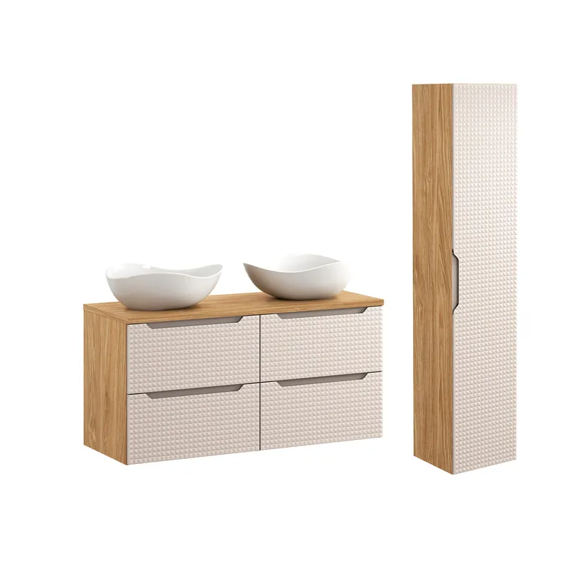 Conjunto de muebles con doble lavabo 120cm y columna Mallory Beige y madera - Baño