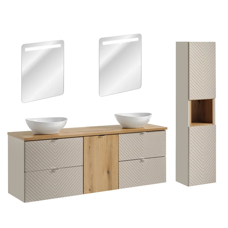 Conjunto de muebles con doble lavabo 160cm cesto de ropa espejos LED y columna Manoa Cachemira y madera - Baño