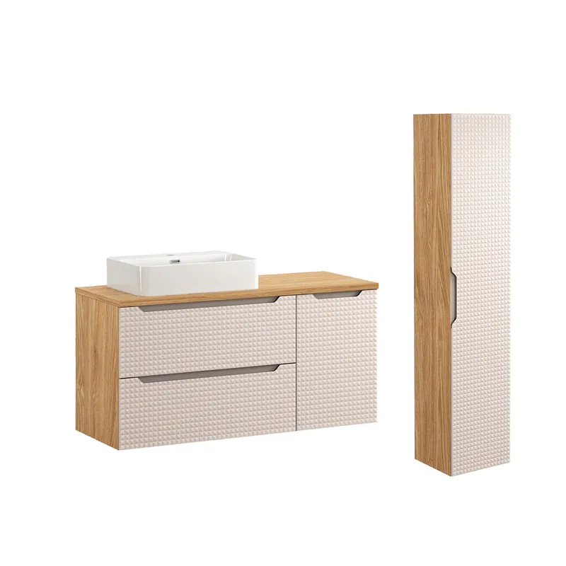 Conjunto de muebles lavabo individual 120cm y columna Mallory Beige y madera - Baño