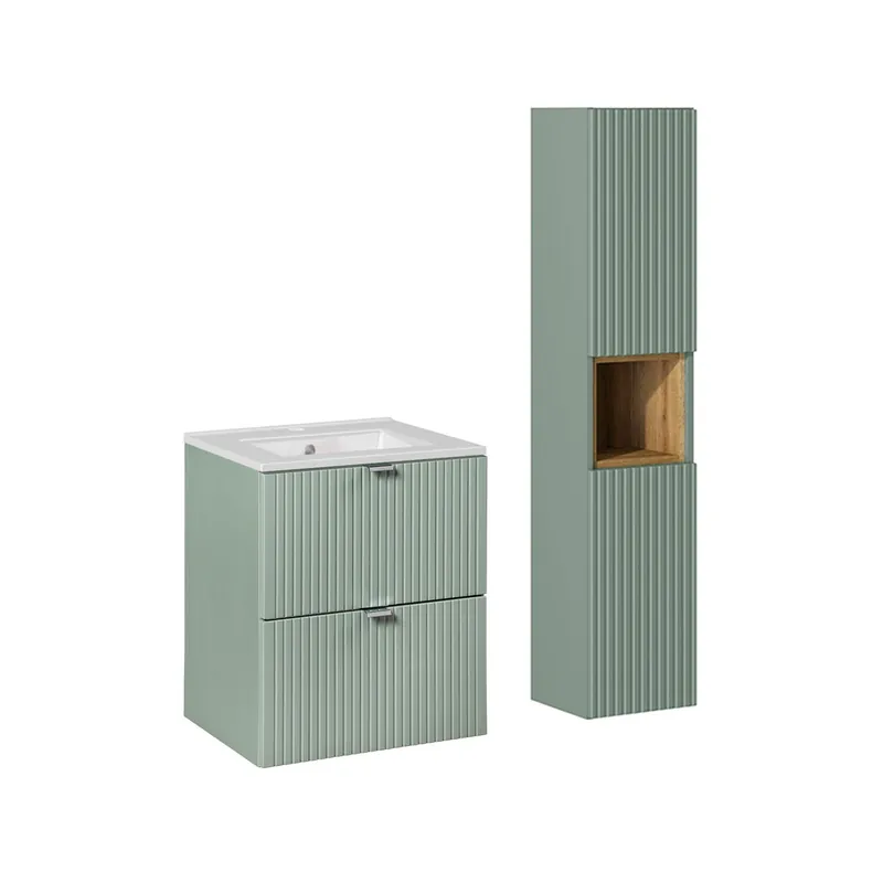 Conjunto de muebles lavabo individual encastrado 50cm 2 cajones y columna Jade Verde y Madera - Baño