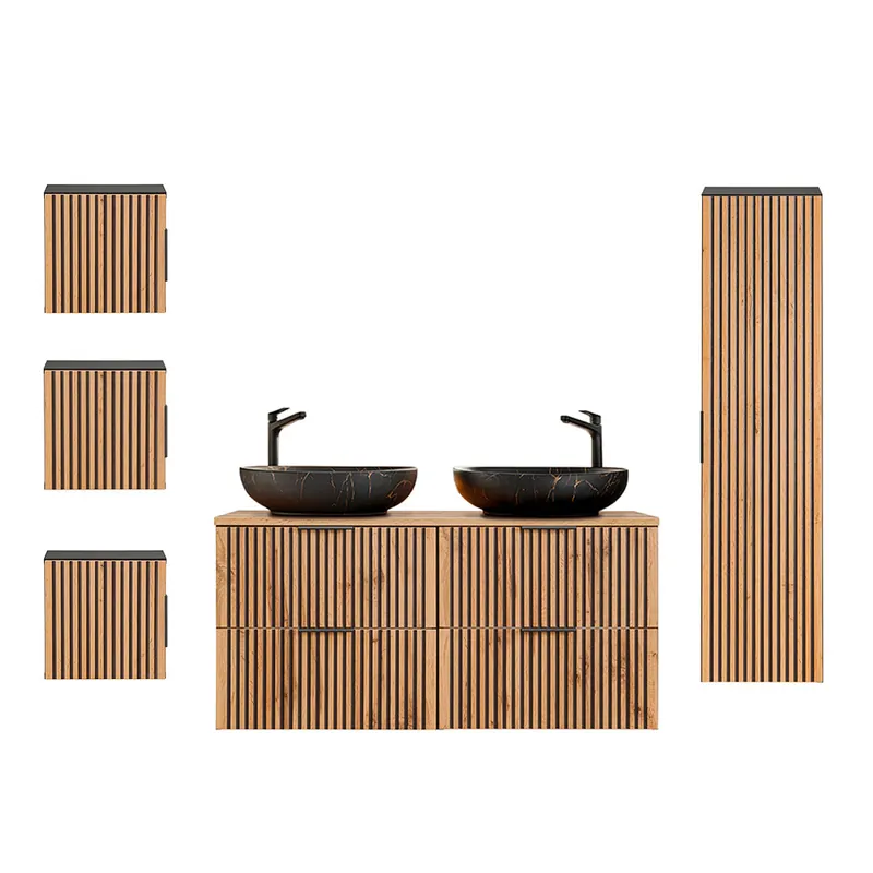 Conjunto de muebles con doble lavabo 120cm columna y 3 armarios de pared Gaia Madera y Negro - Lavabo Negro