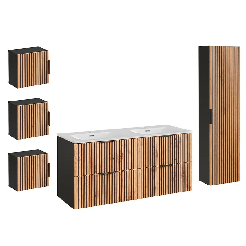 Conjunto de muebles con doble lavabo encastrado 120cm columna y 3 armarios de pared Gaia Madera y Negro - Baño