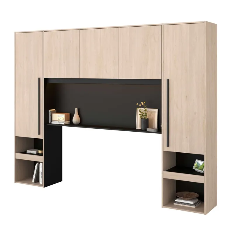 Pack Dormitorio Completo John Cama con cajones y Cabecero Puente en Varios Colores (Roble Brooklyn/Blanco Shiny o Roble Brooklyn/Negro Stipple) en Varias Medidas - Descanso