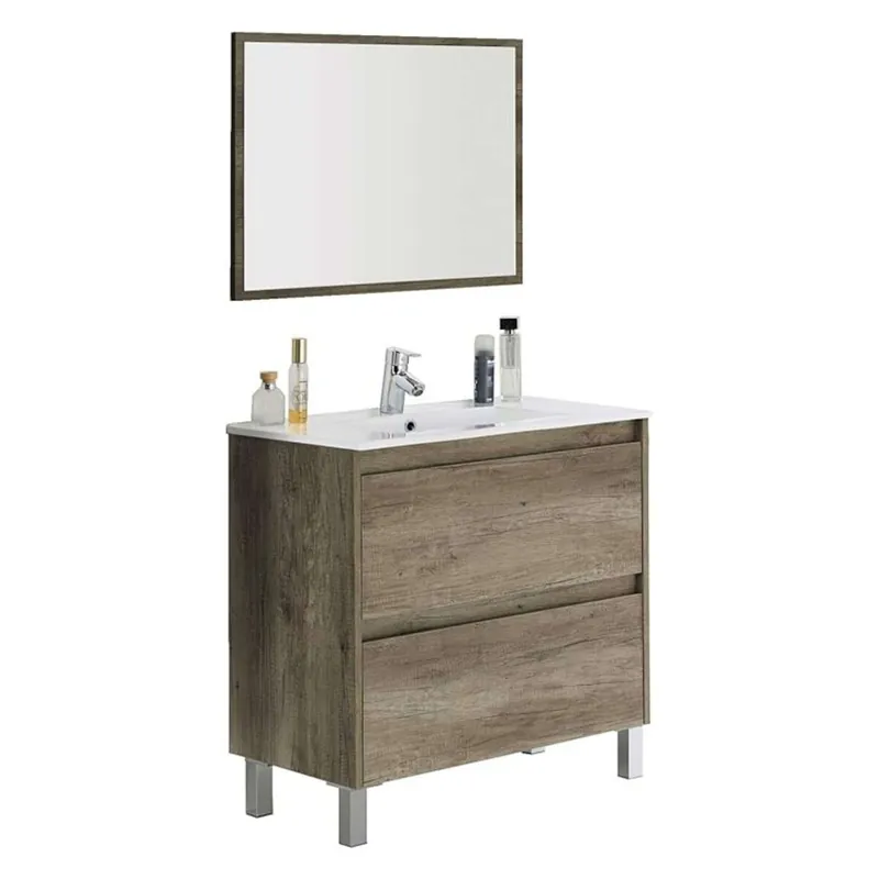 Conjunto mobiliario baño mueble lavabo + columna + espejo + lavabo PmmA color roble diseño moderno