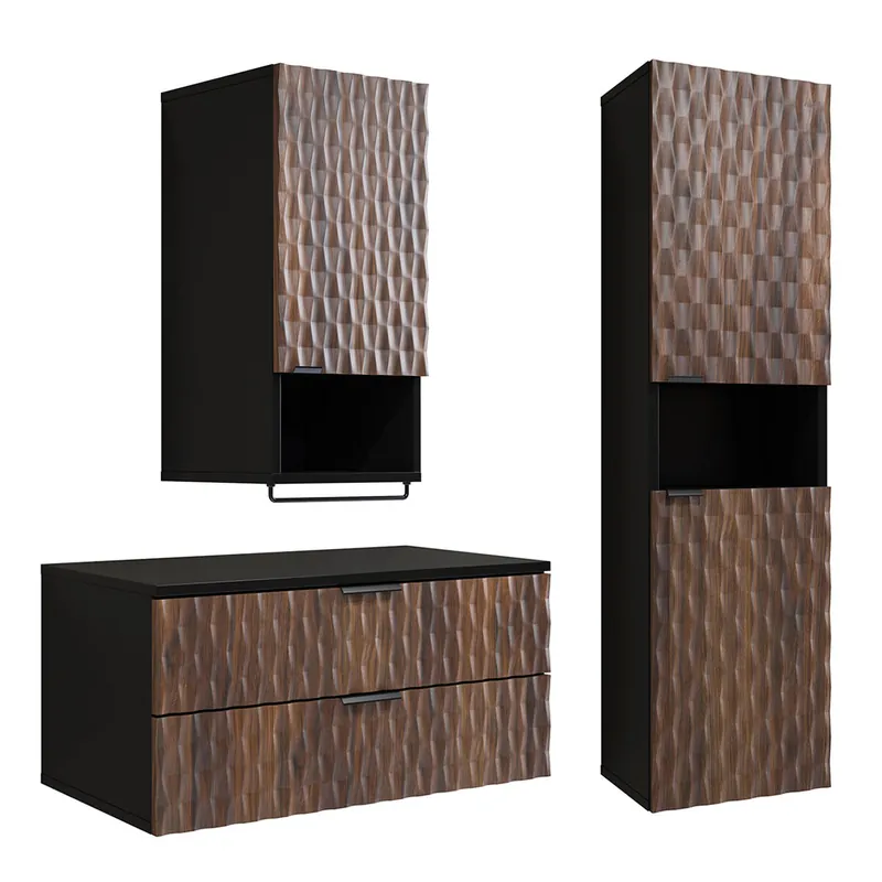 Conjunto mueble bajo lavabo 80 cm columna y armario Nevia Madera y Negro - Baño